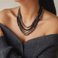 Black Beads Multi-Layered Necklace - Short