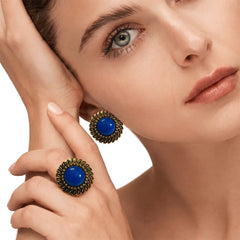 Blue Faux Stone Metallic Set - Ring & Earrings