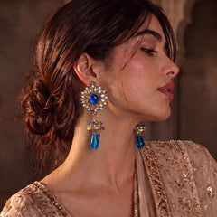 Blue Floral Kundan Jhumka Earrings - Medium
