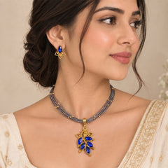 Blue Kundan Pendant Set - Necklace & Earrings