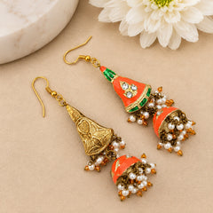 Double Sided Meenakari Jhumka Earrings - Orange