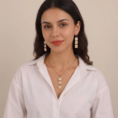 Golden Beige Square Metallic Pendant - Necklace set