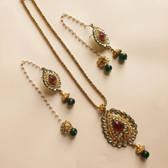 Golden Red Green Rajya Kundan Set - Necklace & Earrings