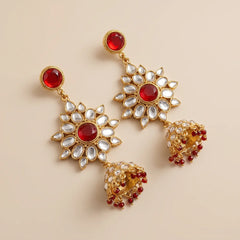 Golden Red Kundan Jhumka Earrings - Large