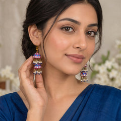 Handmade Blue Stone Jhumka Earrings - Magenta