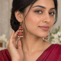Handmade Stone Jhumka Earrings - Red