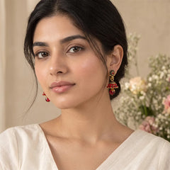 Red Golden Earrings - Small Jhumki