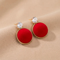 Round Metallic Velvet Earrings - Red