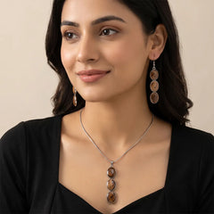 Silver Brown Drop Metallic Pendant - Necklace set