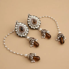 Silver Brown Kundan Jhumka Earrings - Large