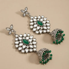 Silver Green Kundan Jhumka Earrings - Large