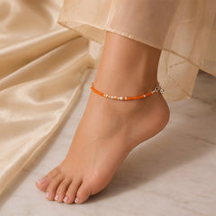 Silver Orange Beads Anklet - Single