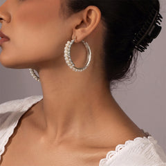Silver Pearl Stone Hoop Earrings