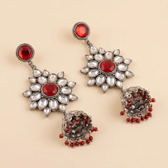 Silver Red Kundan Jhumka Earrings - Large