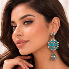 Silver Sky Blue Stone Kundan Jhumka Earrings - Large