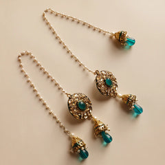 Silver Teal Green Kundan Jhumka Earrings