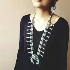 Turquoise Afghani Silver Necklace set - Long