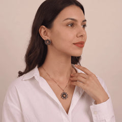 Grey Floral Metallic Pendant - Necklace set