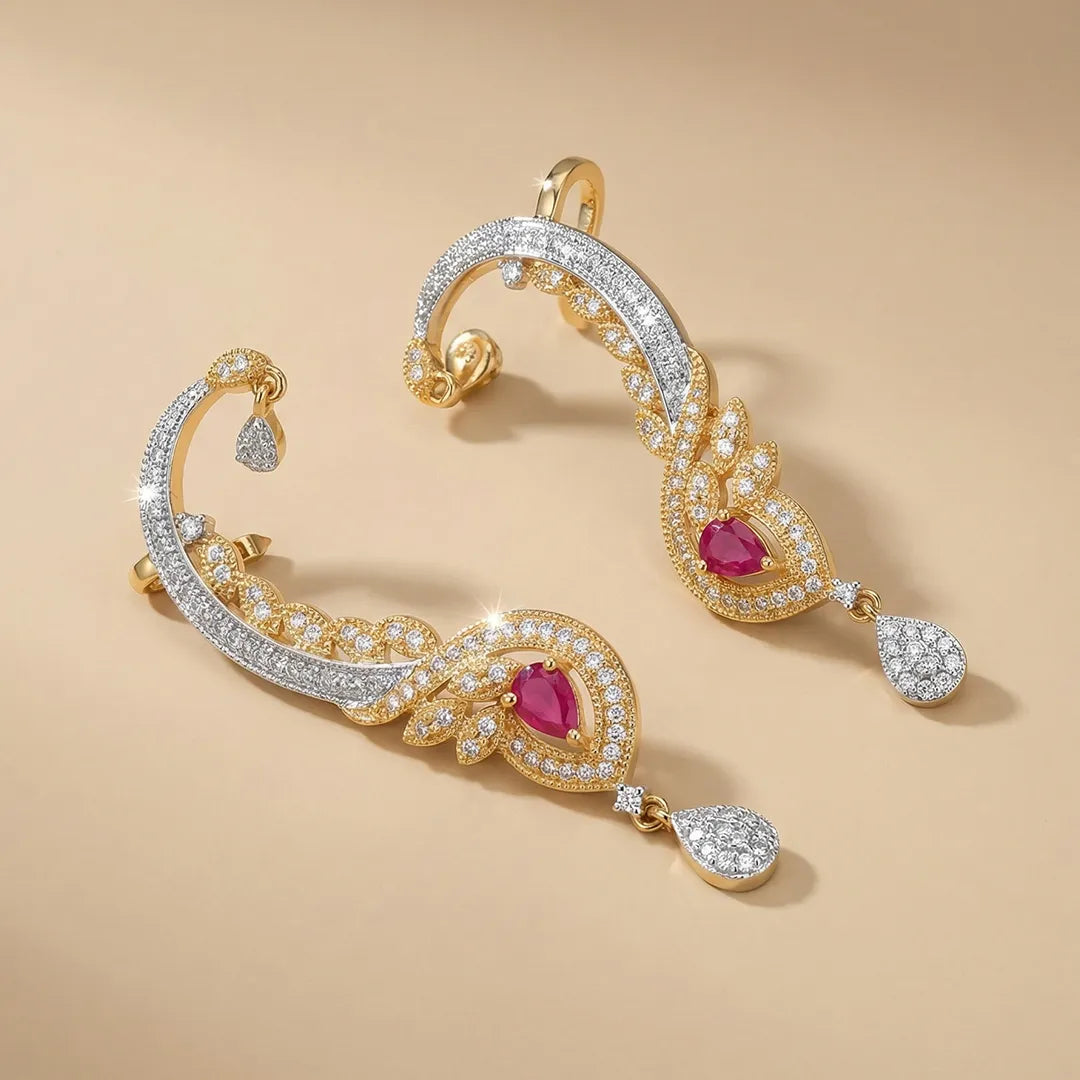 1K zircon Red Stone Floral Ear Cuffs