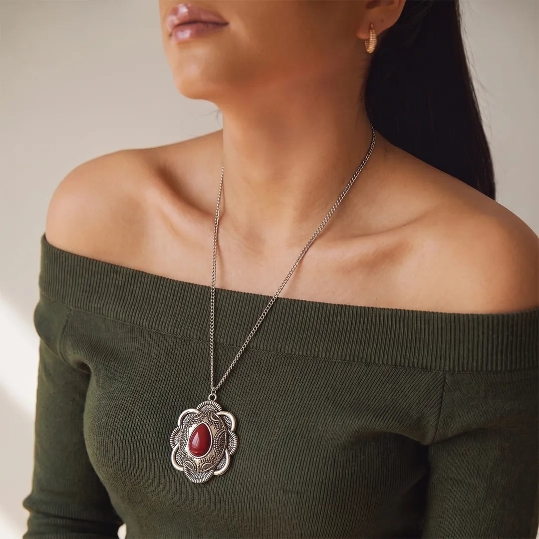 Antique Red Stone Pendant Necklace - Long