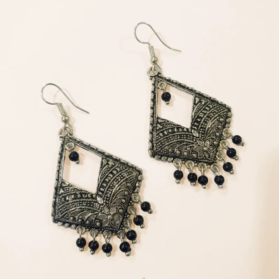 Antique Silver Jhumka Earrings - Black