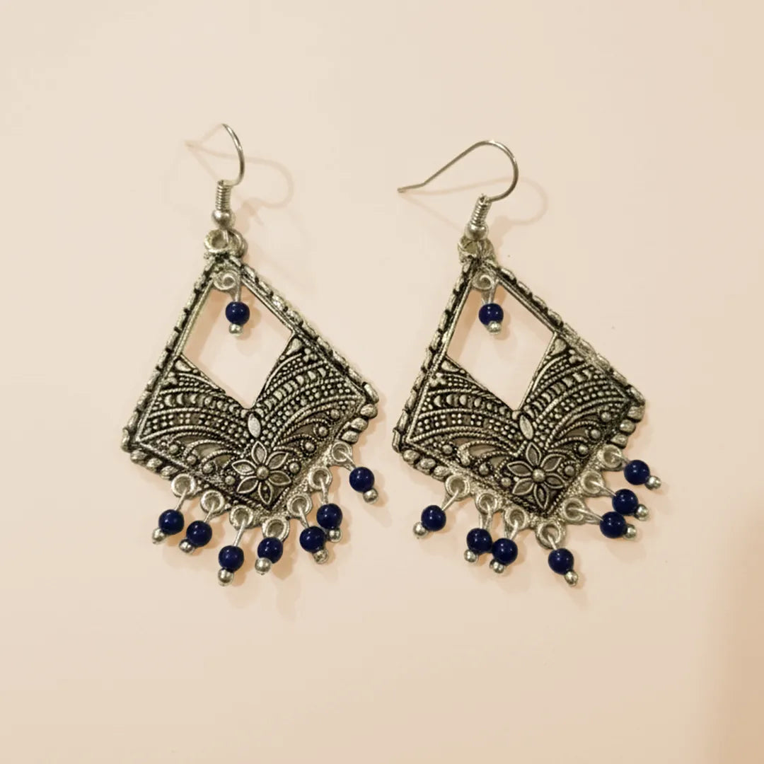 Antique Silver Jhumka Earrings - Blue