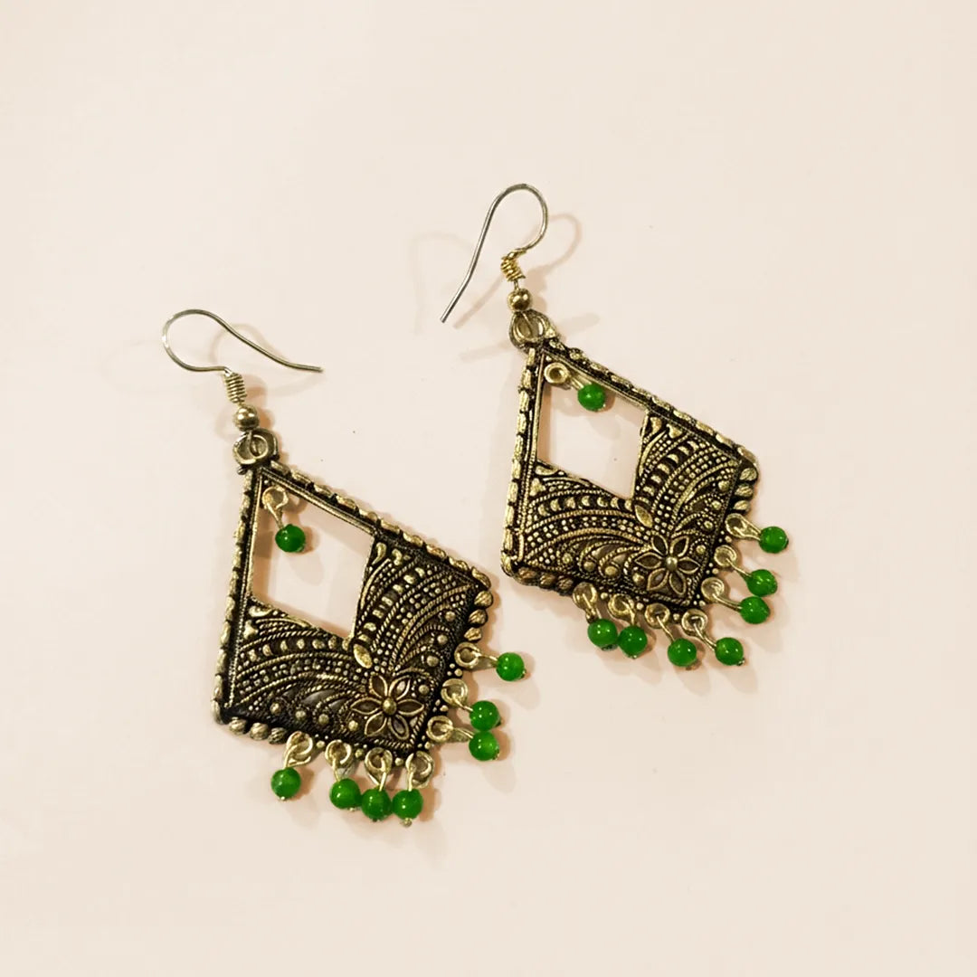 Antique Silver Jhumka Earrings - Green