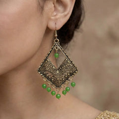 Antique Silver Jhumka Earrings - Green