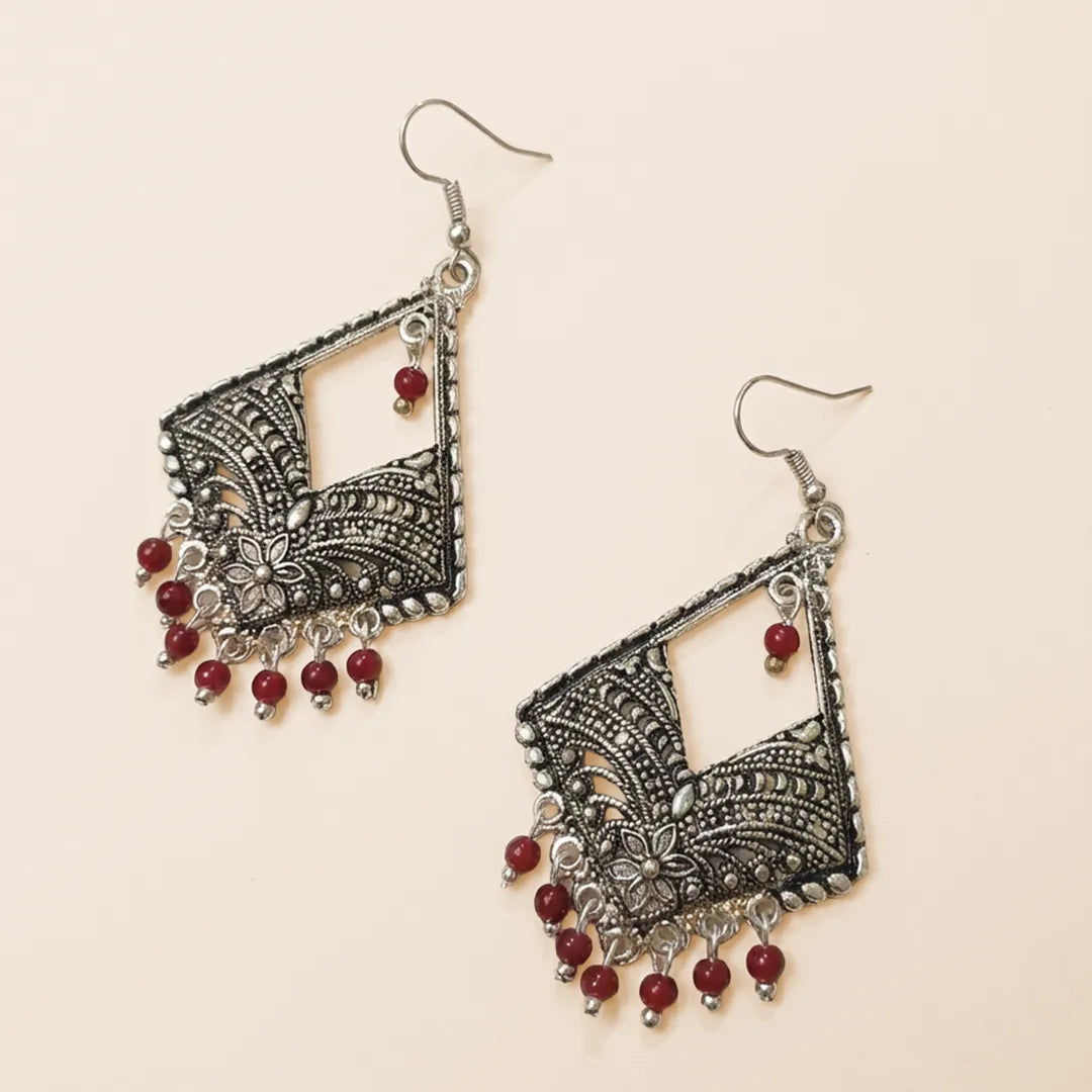 Antique Silver Jhumka Earrings - Red
