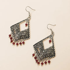 Antique Silver Jhumka Earrings - Red