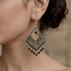 Antique Silver Jhumka Earrings - Black