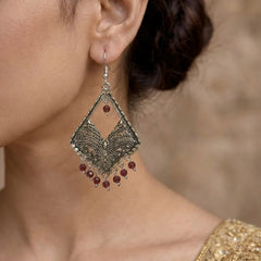Antique Silver Jhumka Earrings - Red