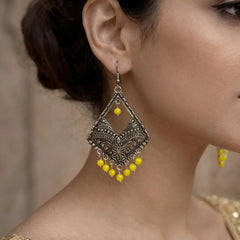 Antique Silver Jhumka Earrings - Yellow