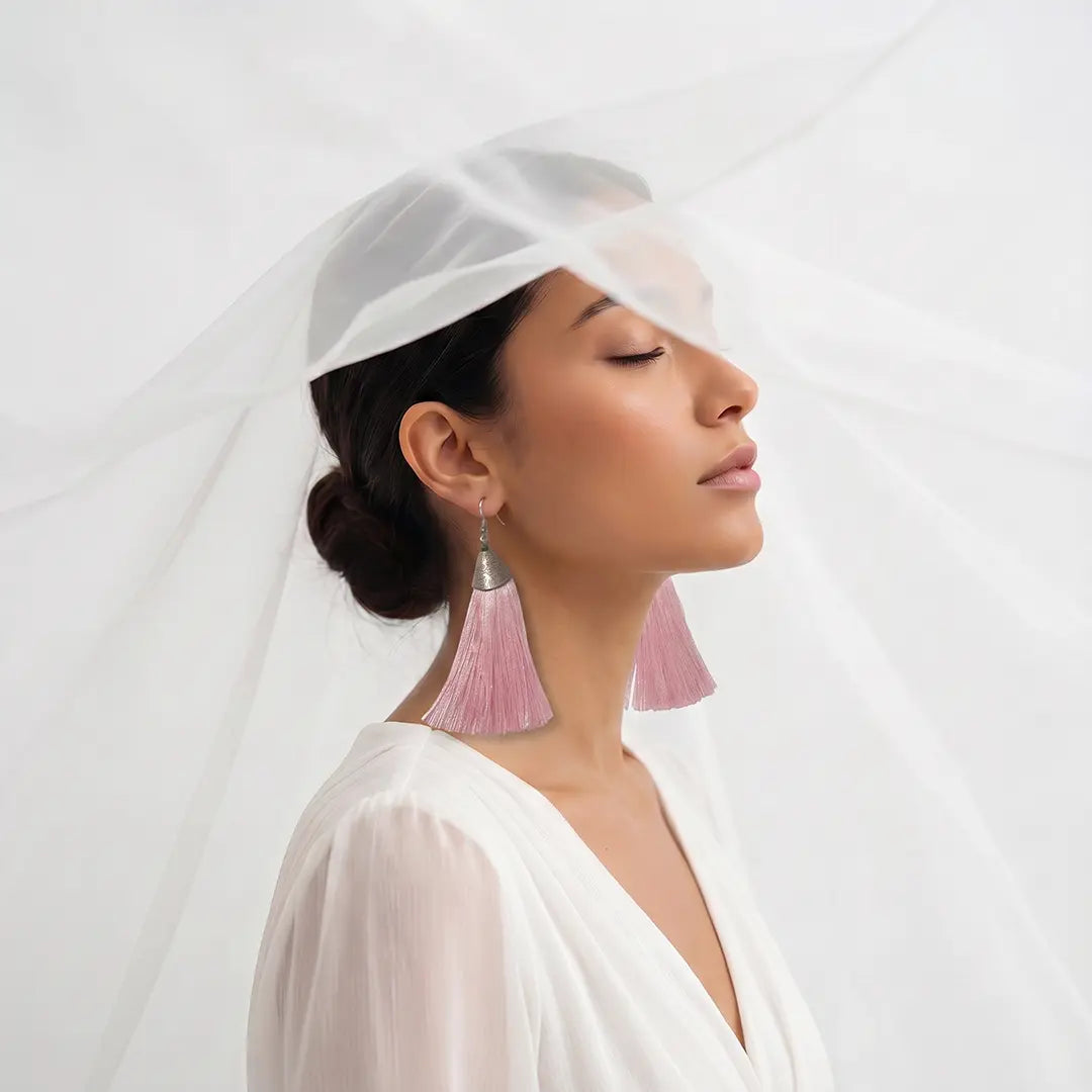 Antique Silver Pink Tassel Earrings