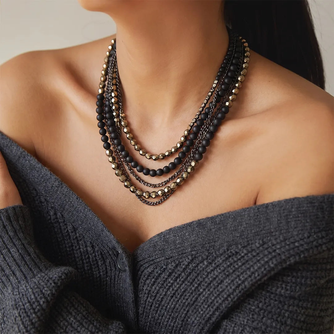 Black Beads Multi-Layered Necklace - Short