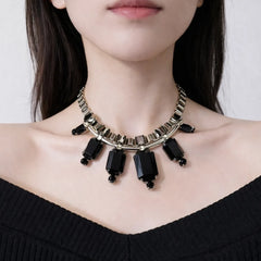 Black Faux Stone Metallic Choker Necklace