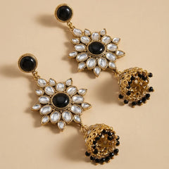Black Golden Kundan Jhumka Earrings - Large