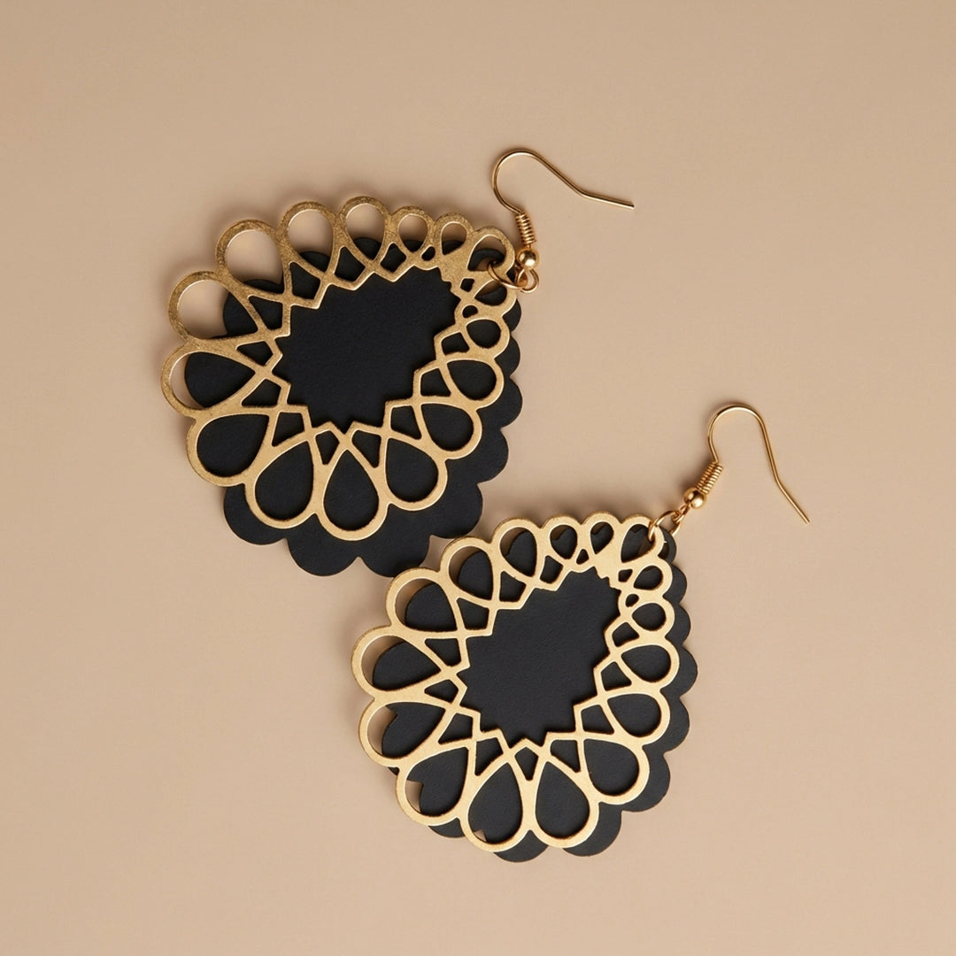 Black Golden Metallic Drop Earrings