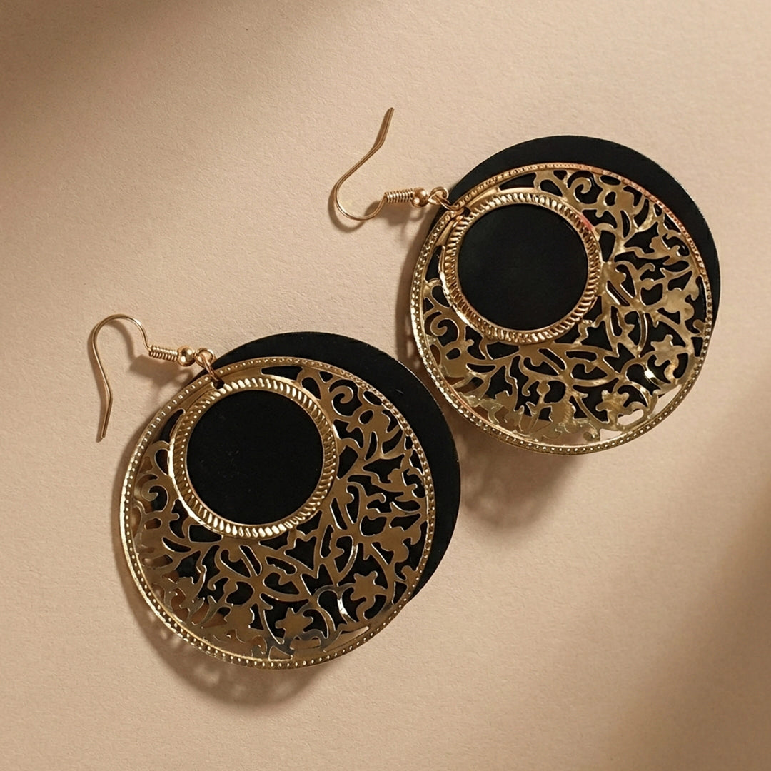Black Golden Metallic Round Earrings