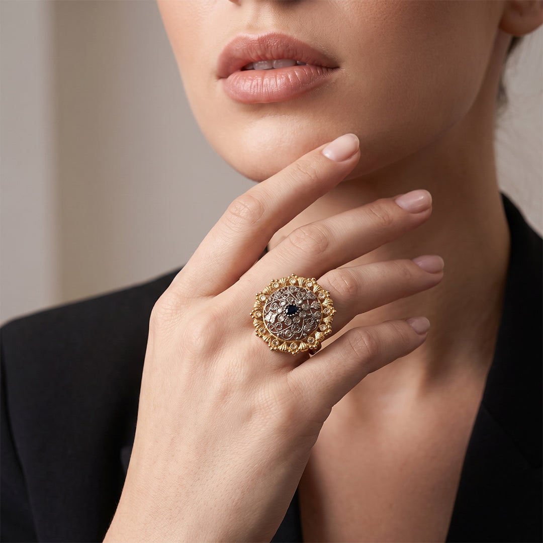 Black Stone Round Mesh Ring - Sizeable