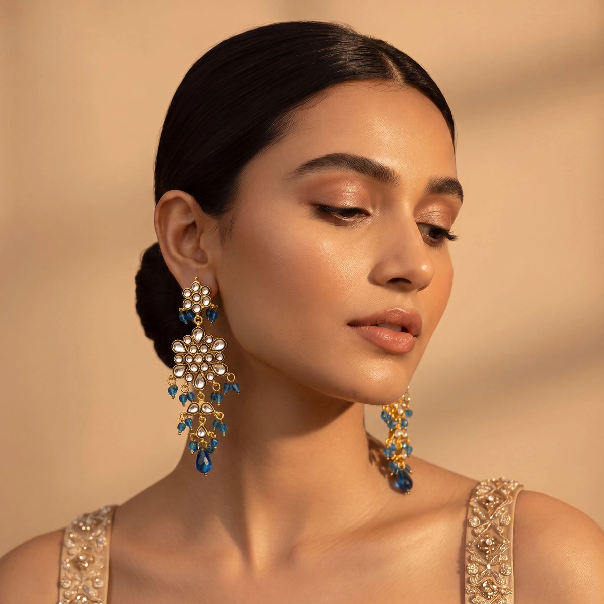 Blue Golden Kundan Jumka Earrings