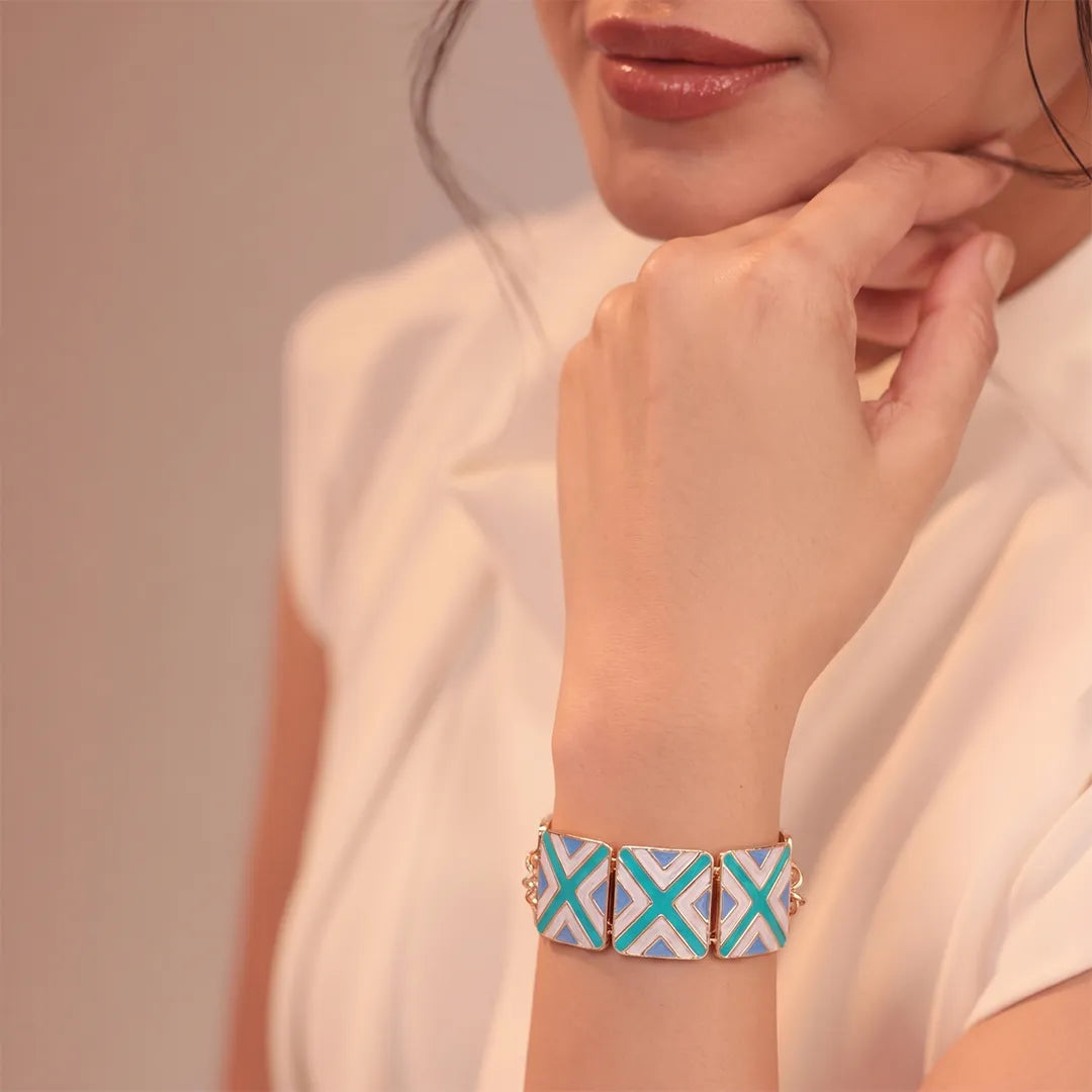 Blue Square Handpainted Metallic Bracelet