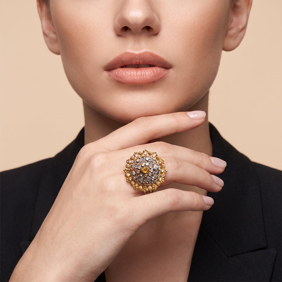 Champagne Stone Round Mesh Ring - Sizeable