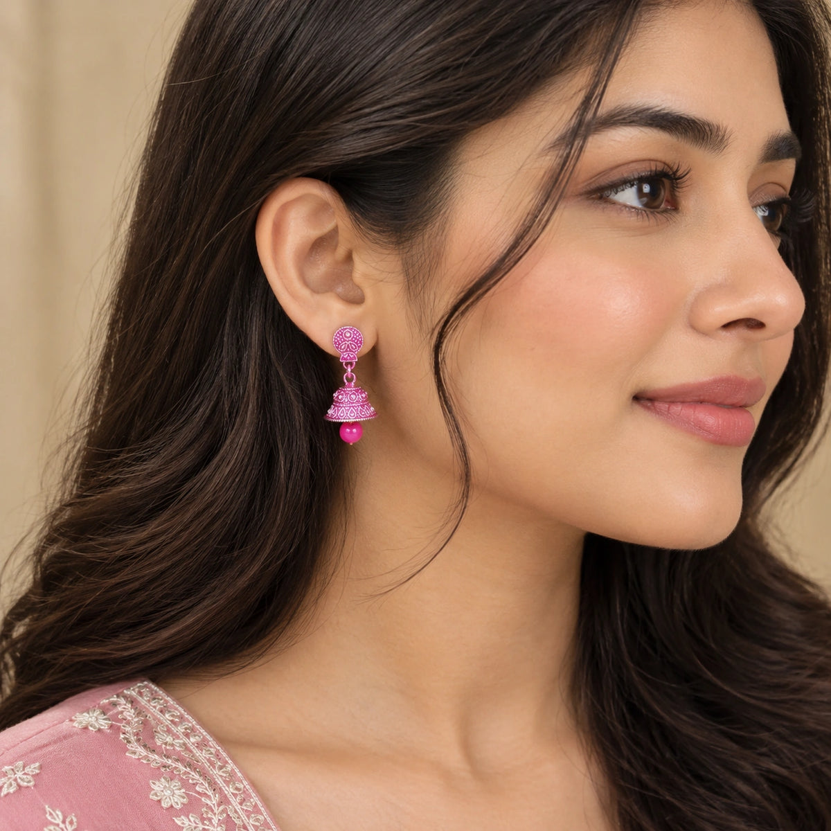 Handpainted Pink Jhumki Earrings - Small