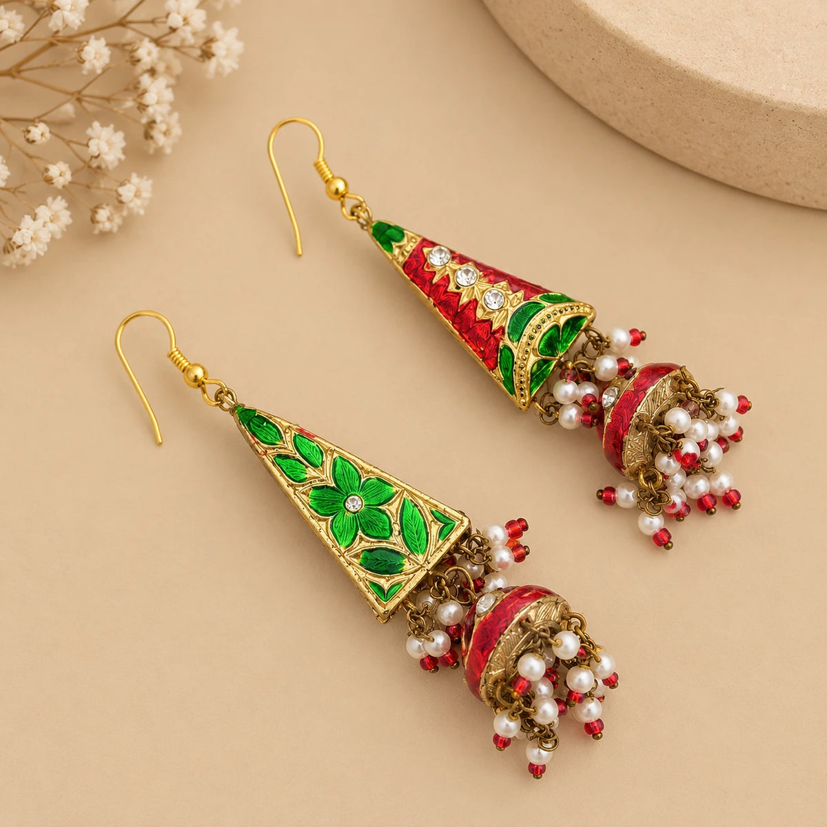 Double Sided Meenakari Jhumka Earrings - Red