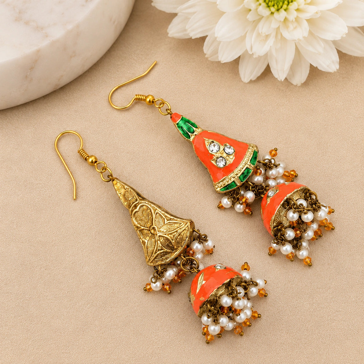 Double Sided Meenakari Jhumka Earrings - Orange