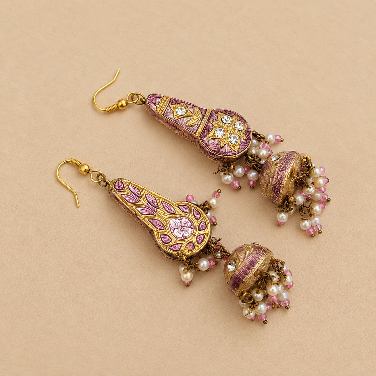 Double Sided Meenakari Jhumka Earrings - Pink