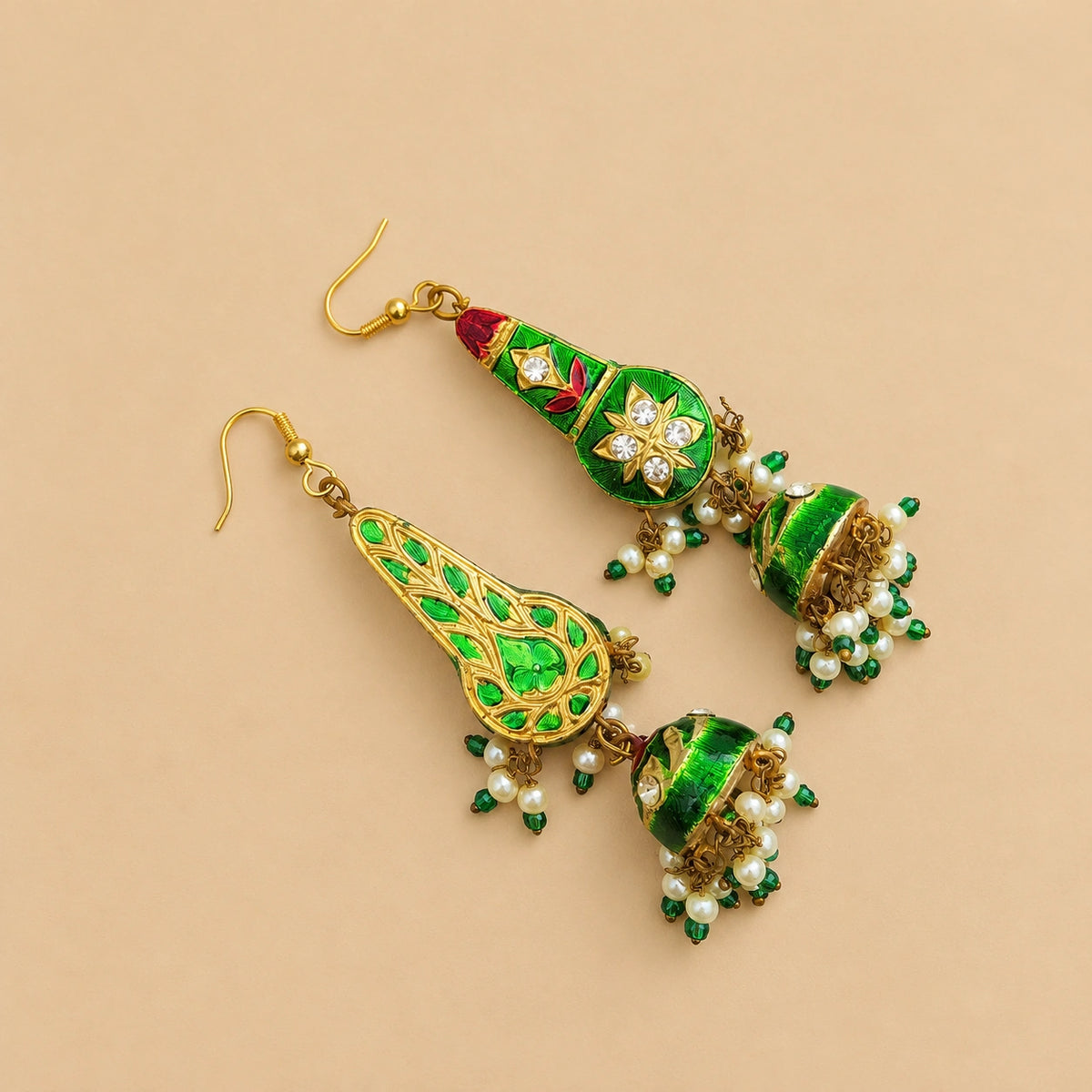 Double Sided Meenakari Jhumka Earrings - Green