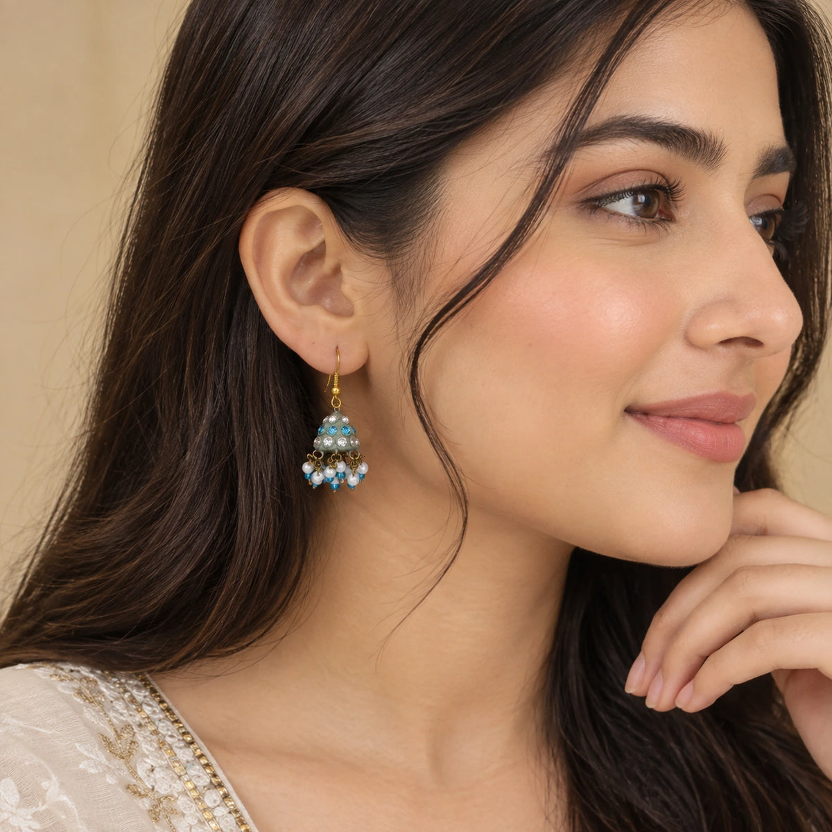 Handmade Stone Small Jhumki - Sky Blue
