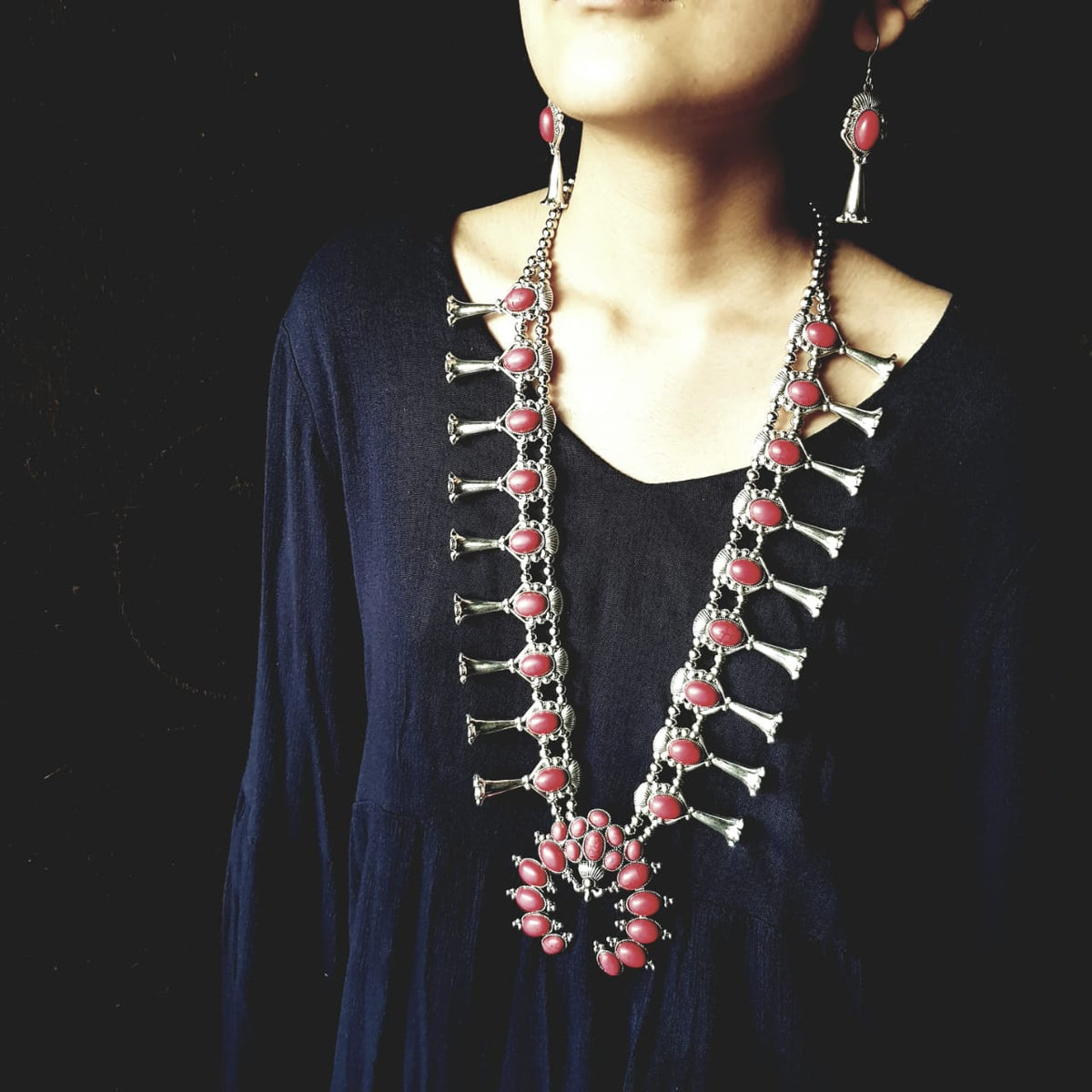 Red Afghani Silver Necklace set - Long